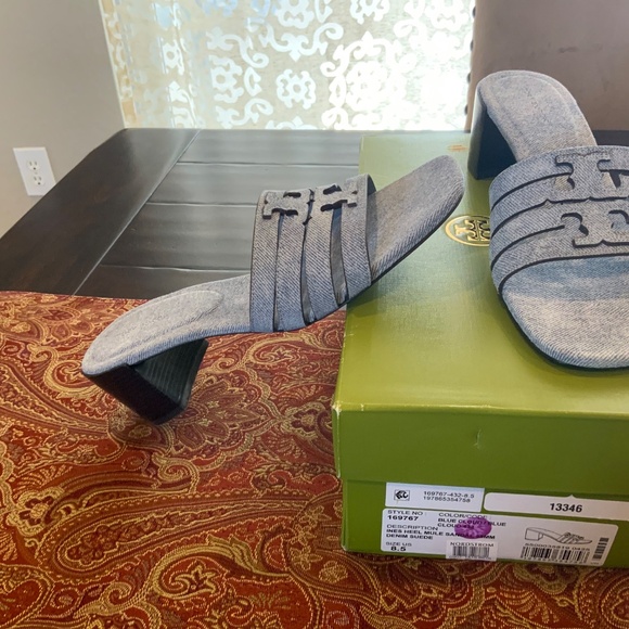 Tory Burch Ines Heel Mule Sandal 55MM Denim Suede in Blue Cloud Sz 8.5,BNIB, - Picture 3 of 6